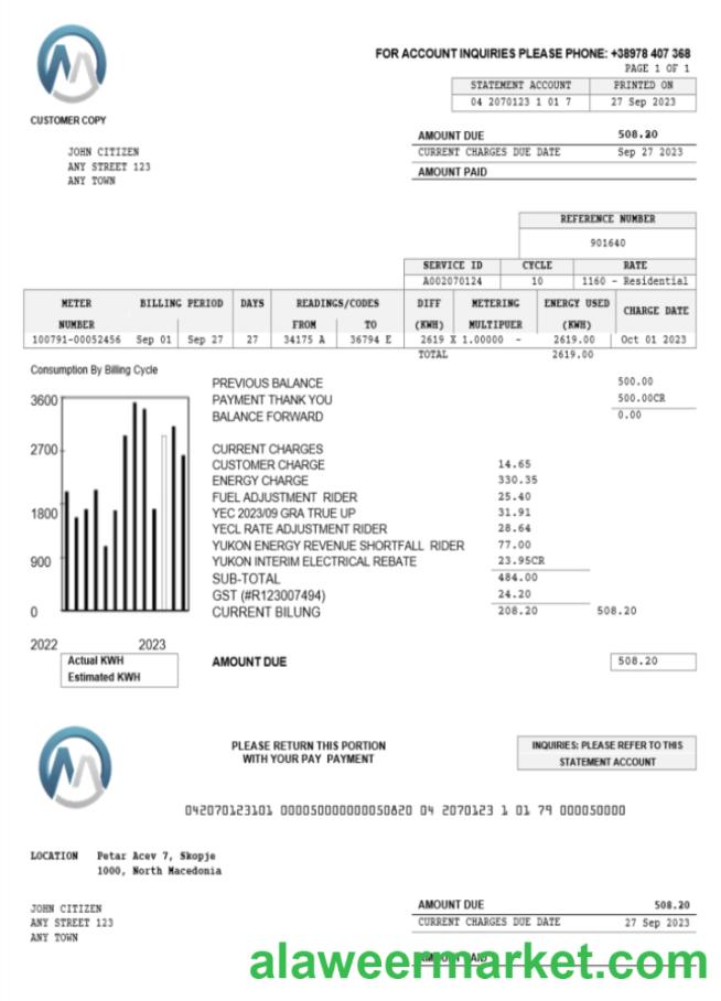Macedonia MGI Energetika utility bill Word and PDF template